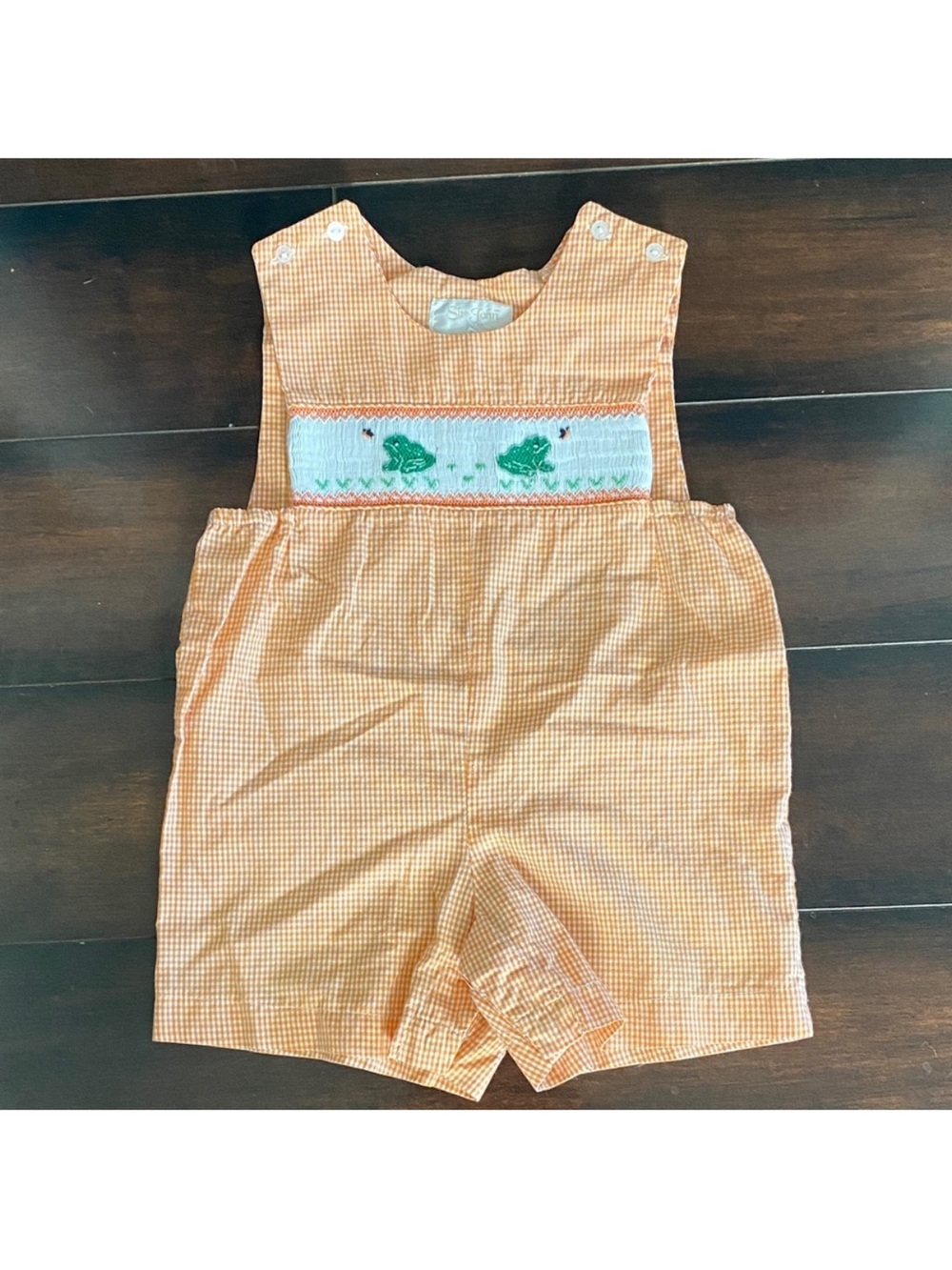 Vintage Smocked Orange Gingham Baby Shortalls with Green Frog Detail